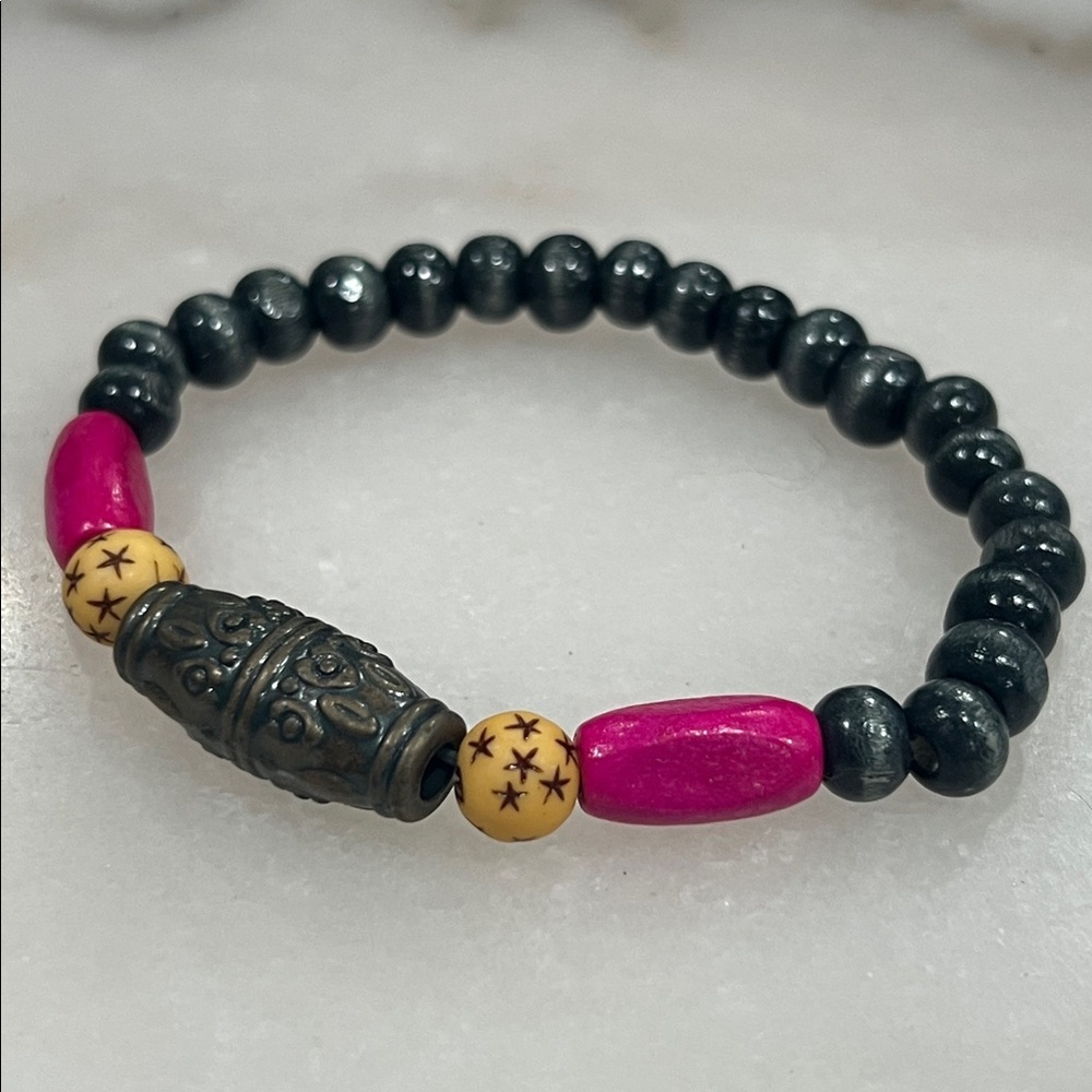 Pink and Black Wood Beaded Bracelet